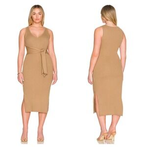 Good American Belted Body Dress 3 / L Taupe Ribbed Knit Midi Slits Sleeveless
